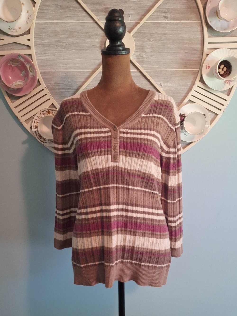 Croft & Barrow Brown Sweater with Cream and Pink Accent Stripes
